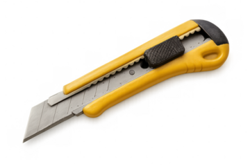 Yellow utility knife displaying sharp retractable blade, positioned vertically against transparent surface, prepared for precise cutting tasks