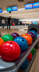 Bright bowling alley with colorful balls on return rack and lively players in background.
