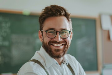 Smiling teacher wearing glasses and white shirt in front of chalkboard