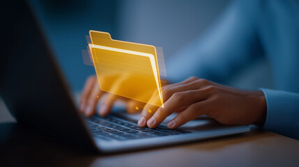 Close-up of Hands Typing on Laptop with Folder Hierarchy UI