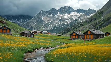 Picturesque Mountain Village with Cabins, Stream, and Wildflowers Scenic Landscape