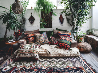 A vibrant bohemian-style living space with colorful cushions, macramé wall hangings, and an abundance of lush greenery, offering a cozy and inviting atmosphere.