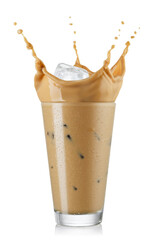 Splash iced coffee with milk and ice in glass isolated on white background
