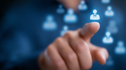 Selecting a human avatar among blue user icons in a digital backdrop