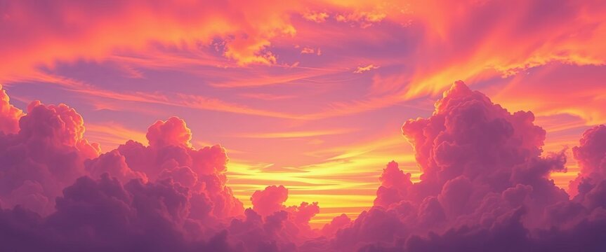 Vibrant orange and purple anime sky, fluffy clouds at sunset, art, landscape