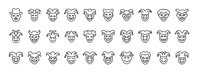 Joker face icon set. Vector pictograms of clown masks, jester heads, creepy smiles, circus characters, comedy villains, outline illustrations.