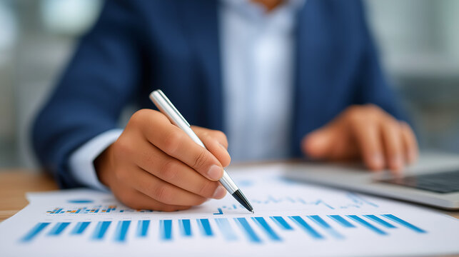 Close-up of Hands Holding a Pen Over a Calculator and Laptop