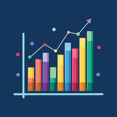 Colorful bar chart illustrating business growth with an upward trend and statistical data display on a navy blue background