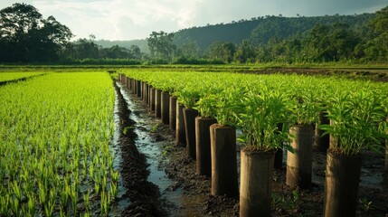 Naklejka premium Lush young rice paddy field with rows of seedlings in containers