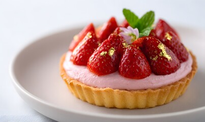 A vibrant strawberry and sakura tart, placed on a minimalist white plate against a pure white background.