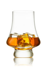 Glass of scotch whiskey and ice isolated on white background with clipping path