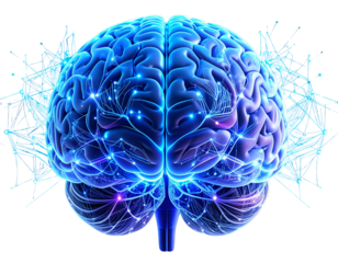 Futuristic Glowing Brain with Circuit Lines and Data Nodes, Front View, Isolated on Transparent Background”