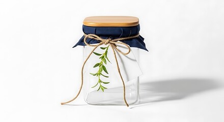Empty glass jar with a wooden lid blue fabric and twine decoration