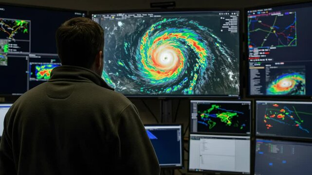 Male meteorologist in a control room analyzing a hurricane. Weather forecaster monitoring a severe tropical storm on multiple computer screens.