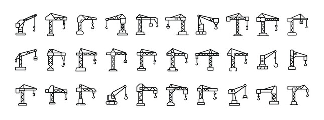 Oil pump jack line icon set. Vector pictograms of drilling rig, oilfield machinery, petroleum extractor, crude oil pump, industrial energy equipment, thin linear illustration.