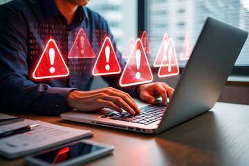 Cybersecurity alert warning with glowing red exclamation marks and binary code overlaying a person working on a laptop computer in an office environment