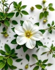 Obraz premium A ready image of a top view shot of a white flower surrounded by green plants