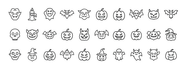 Halloween icon set. Vector pictograms of pumpkin, ghost, bat, witch hat, spooky face, jack-o’-lantern, vampire, skull, haunted character, thin linear illustration.