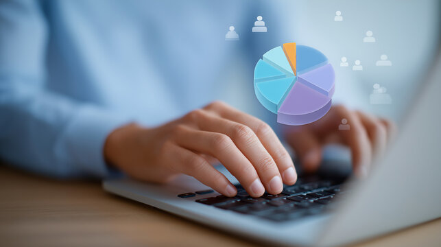 Hands Typing on Laptop with Demographic Analytics Overlay