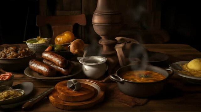 Hearty meal of sausages stew and soup on a wooden table