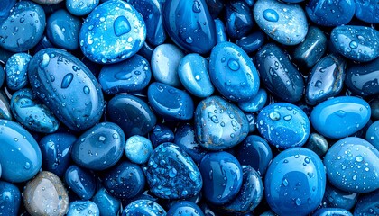 Macro-style wallpaper showing a layer of glossy pebbles freshly rinsed by rain, each stone reflecting subtle tones of blue, ideal for a calming natural backdrop