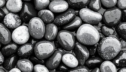 a wallpaper, from a macro photo of black pebbles wet from being splashed by rain