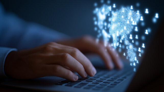 Hands Typing on Laptop with Global Social Network Overlay