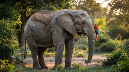 Obraz premium Majestic elephant in african savanna with a colorful parrot perched on its trunk
