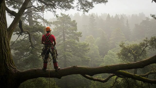 Male arborist in full safety gear standing on a large tree branch. Tree surgeon looking out over a vast, misty forest canopy. Adventure and nature.