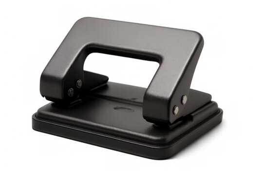 Black hole punch tool sitting on clear backdrop, creating precise circular cutouts in document paper