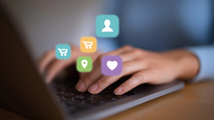 Close-up of Hands Typing on Laptop with Interface Icons