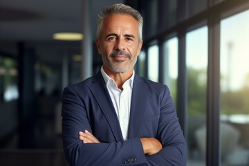 Portrait of a successful mature manager posing with crossed arms in a modern office, showing confidence and leadership