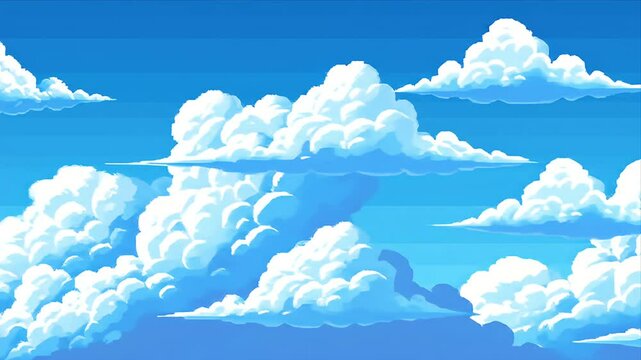 Pixelated, fluffy white clouds float in a clear blue sky