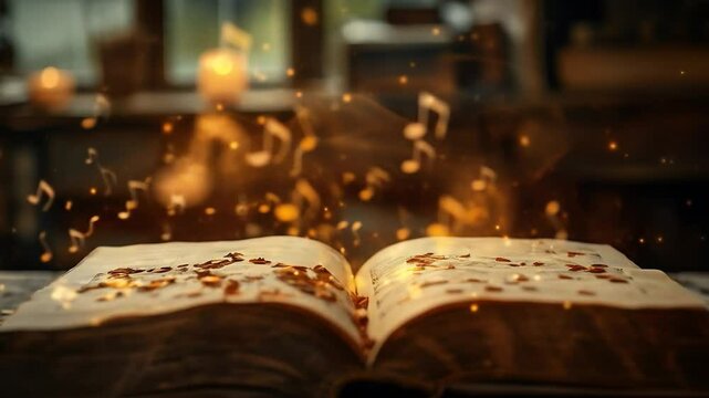 Open book with music notes and sparkles