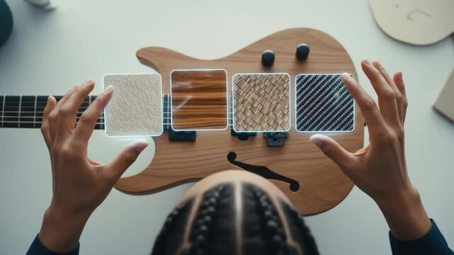 Person customizing guitar finish with augmented reality interface
