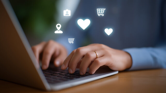 Hands typing on laptop with user profile and digital icons