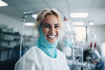 Happy female surgeon wearing protective face mask smiling in operating room at hospital