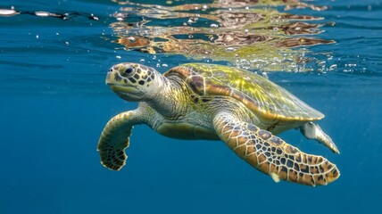Obraz premium Green sea turtle gracefully swims in clear blue ocean water near the surface