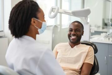 Fototapeta premium Smiling patient talking with his dentist during medical consultation in dental clinic
