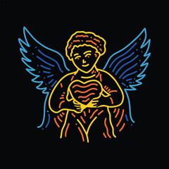 Fototapeta premium Hand drawn baby angel holding a heart and having wings vector illustration