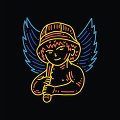 Hand drawn baby angel holds a stick and has wings vector illustration