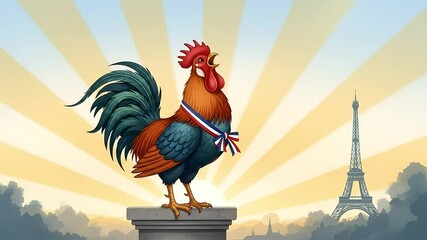 French Gallic rooster in patriotic stance with sunrise and Eiffel Tower in background for Bastille Day theme - Powered by Adobe