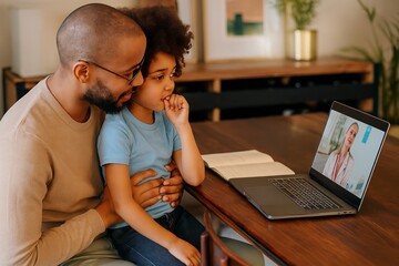 Loving father supports daughter during telemedicine appointment with thoughtful expression as they use laptop in warm inviting living room setting