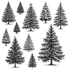 Obraz premium Collection of Christmas trees – vintage ink sketch hand-drawn black and white vector illustration