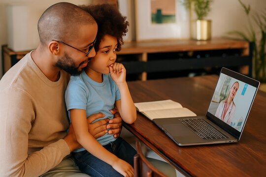 Loving father supports daughter during telemedicine appointment with thoughtful expression as they use laptop in warm inviting living room setting