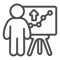 Marketer man with graph on whiteboard line icon, financial tech concept. Vector graphics. Market growth and marketing sign on white background, outline style icon for mobile or web design.