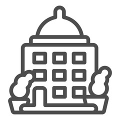 Office building line icon, finance career concept. Vector graphics. Job center house with entrance and plants sign on white background, outline style icon for mobile or web design.