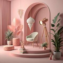 3D minimalist background stylist scene with soft lighting pink tones textures and detailed props