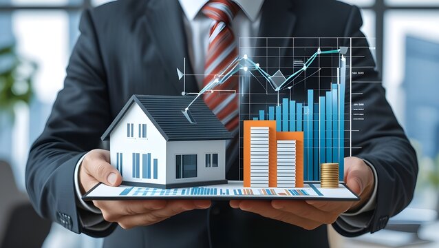 Faceless Businessman Holding Property Investment Model with Financial Graphs