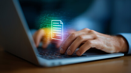 Hands typing on laptop with holographic document and user avatars